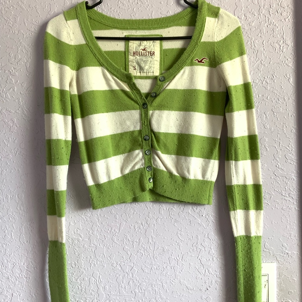 Hollister Green & White Long Sleeve Buttoned Crop